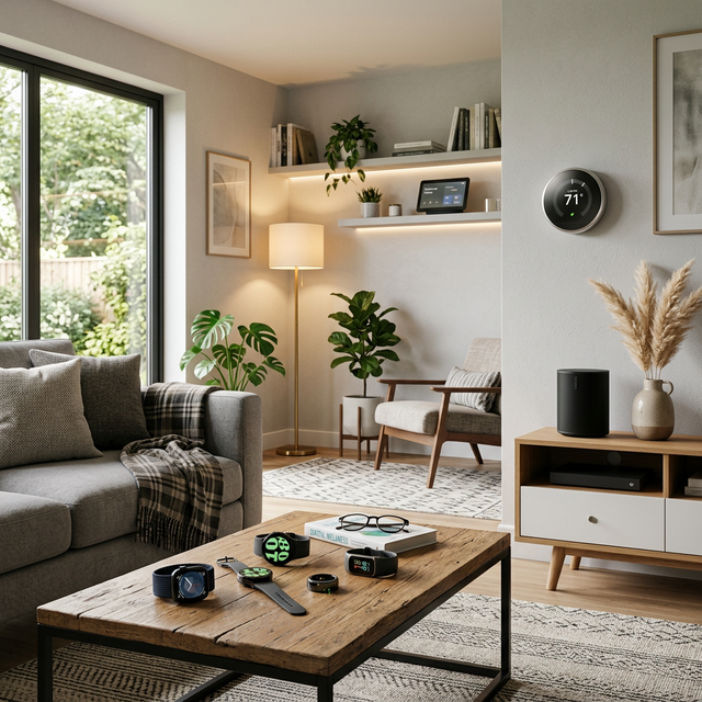 Modern smart home setup with smart speakers, lights, thermostat and wearable devices